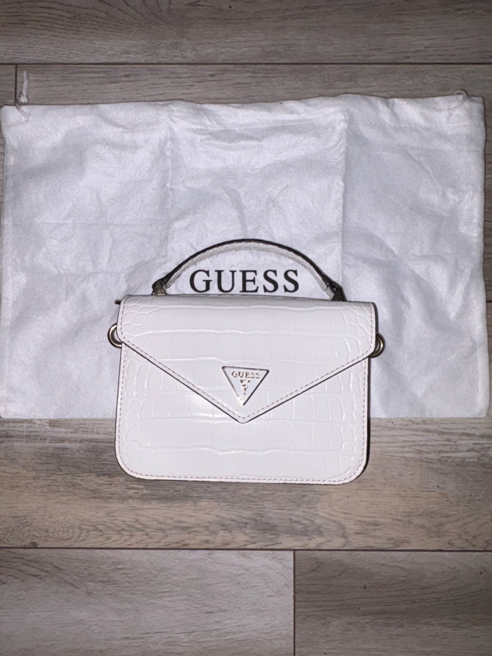 GUESS White Croc-Embossed Mini Top-Handle Bag